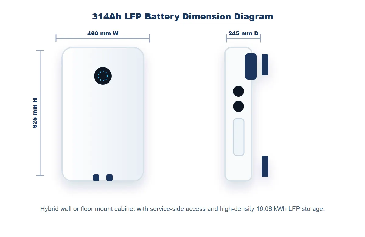 314Ah LFP battery dimension diagram showing 925 mm high cabinet