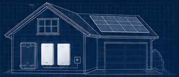 Blueprint style residential solar home with wall-mounted battery system