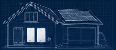 Blueprint style residential solar home with wall-mounted battery system