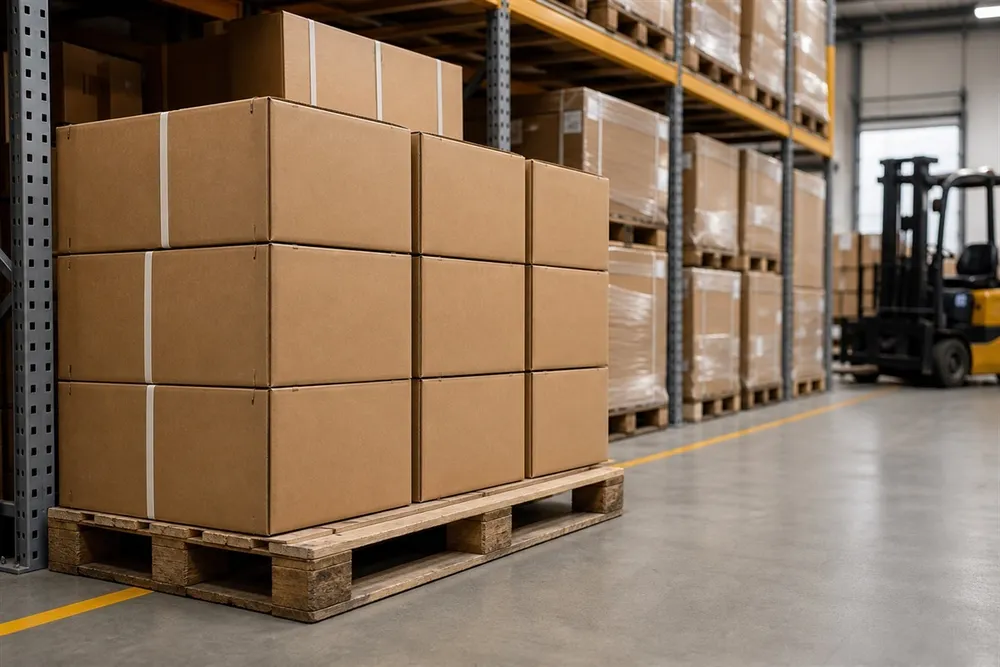 Battery cartons staged in a distribution warehouse