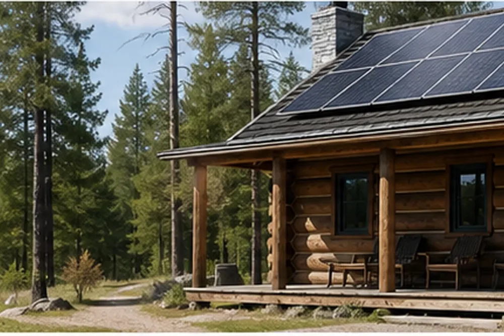 Off-grid cabin with solar panels and white battery storage context