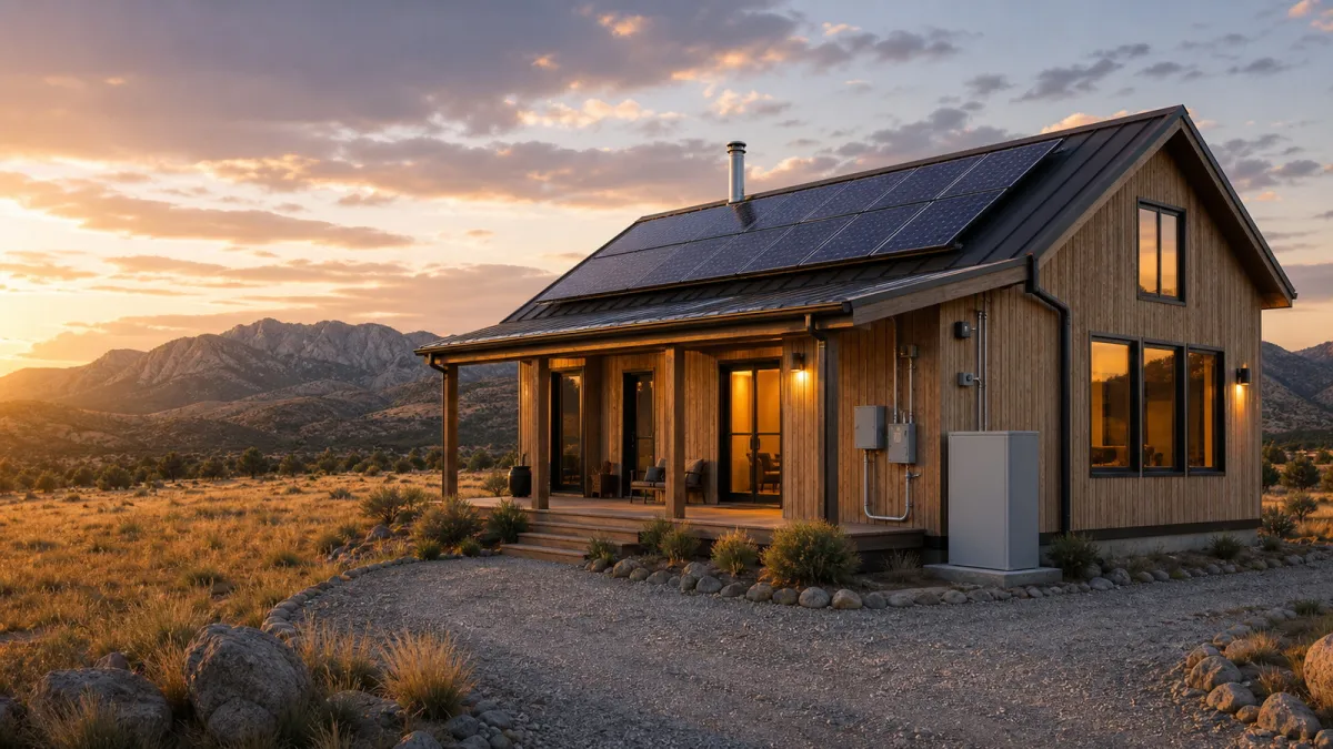 Remote cabin with rooftop solar and wall battery at golden hour