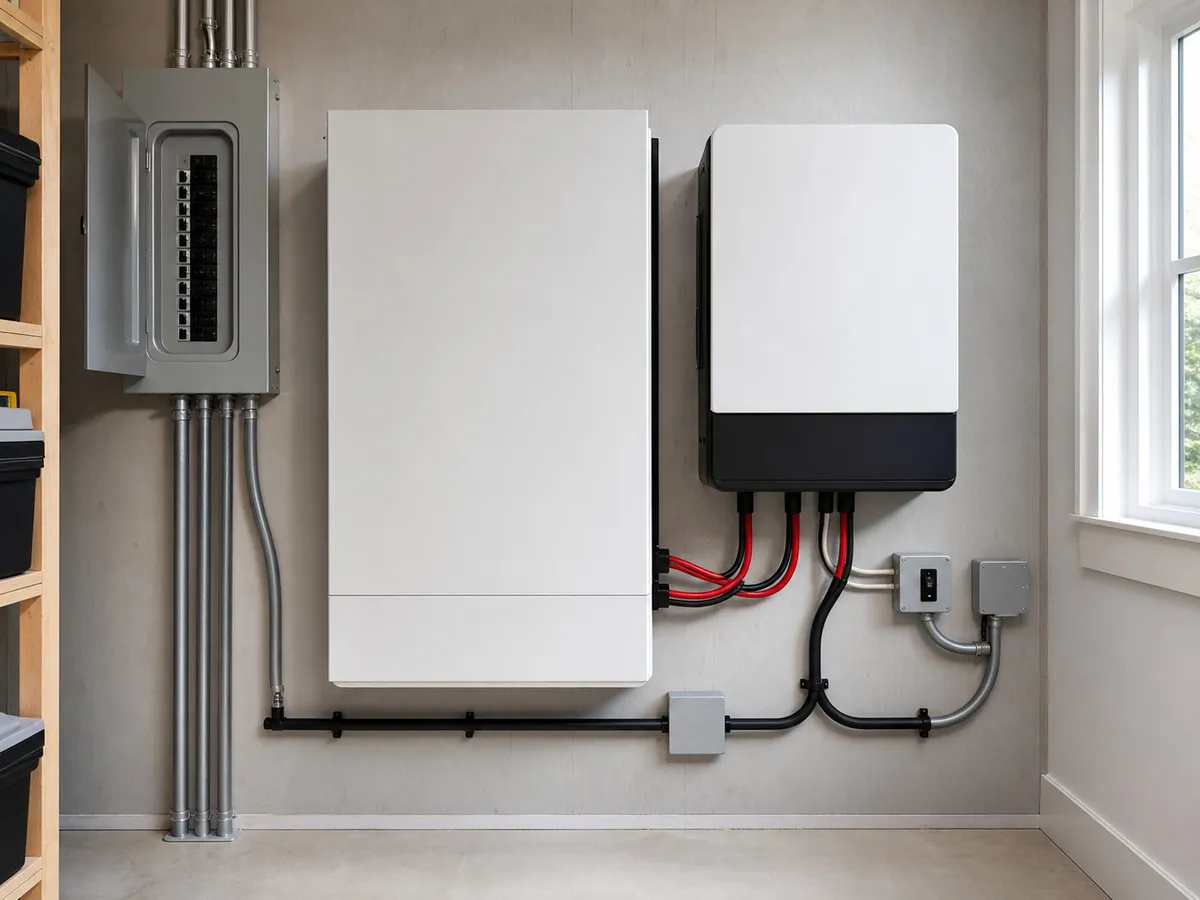 LiFePO4 battery, inverter, and breaker panel in a utility room