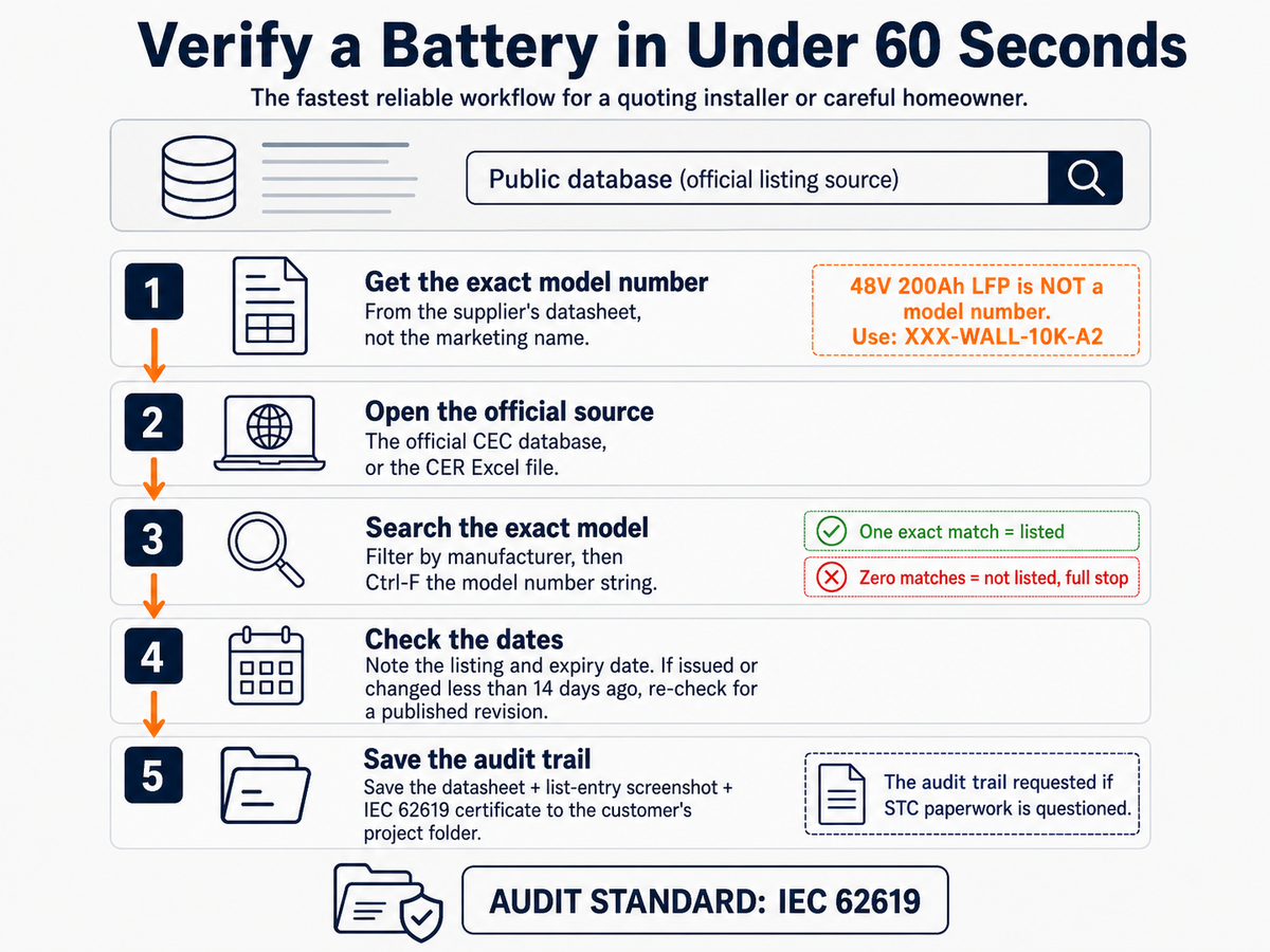 Five-step checklist to verify a battery is genuinely CEC approved in under 60 seconds: get the exact model number, open the official CEC database, search the exact model, check the listing dates, and save the audit trail