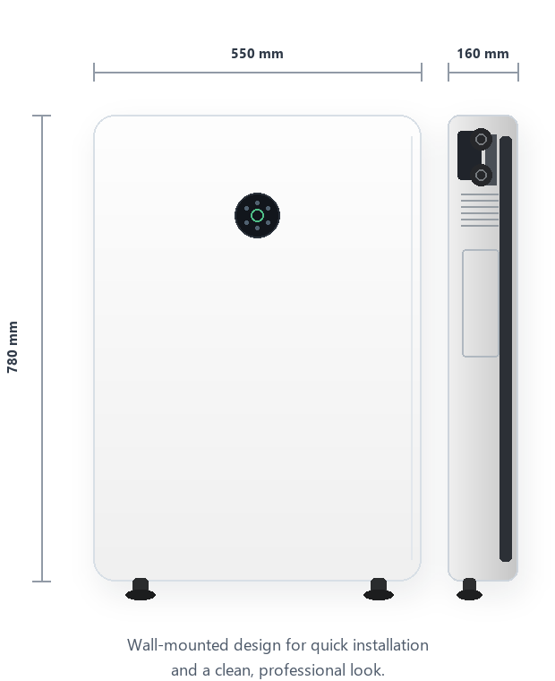 200Ah lithium battery wall-mount front and side dimension diagram showing 780 x 550 x 160 mm