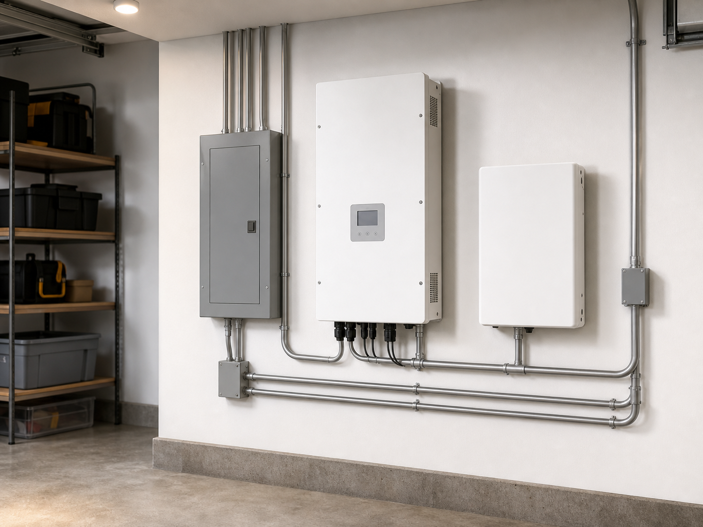 48V hybrid inverter clean garage interior installation with battery and breaker panel