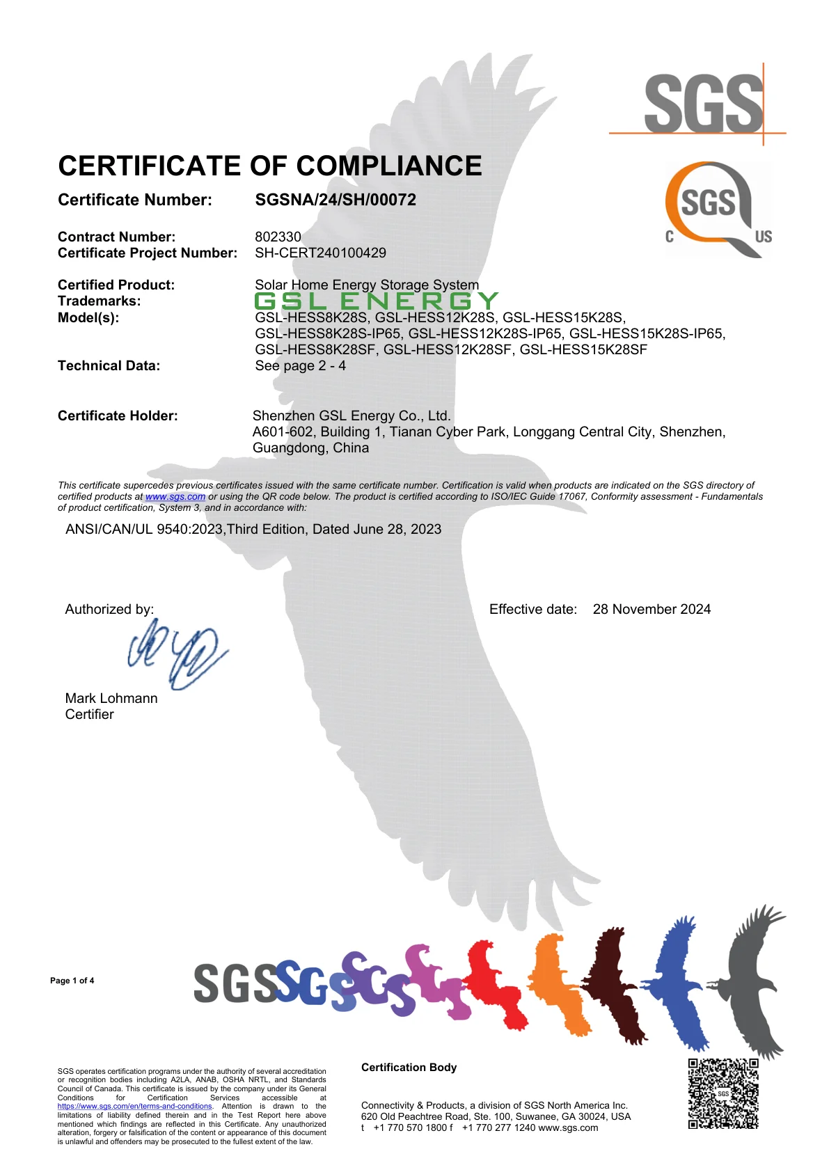 UL9540 system safety certificate for Savolture LFP home battery showing certification details