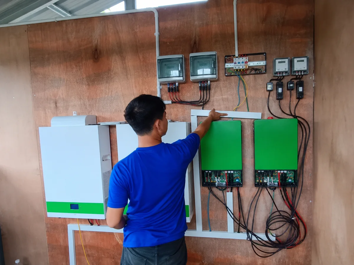 48V-class wall-mounted battery and power electronics layout during installation commissioning