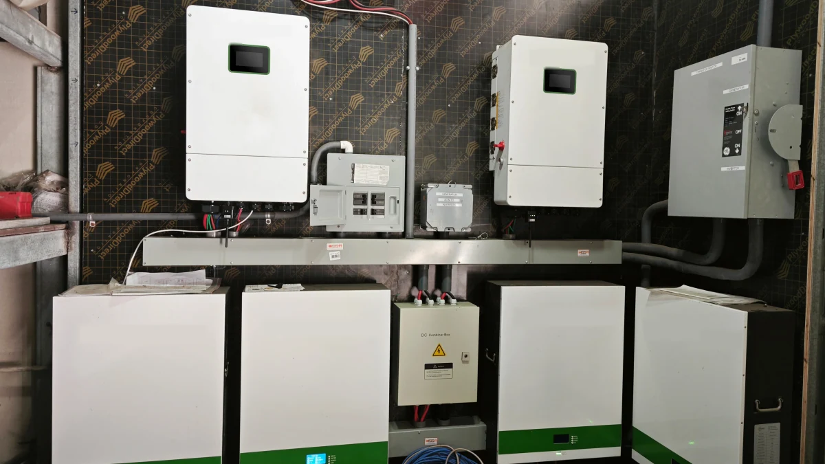 Multi-unit 48V LFP battery bank with hybrid inverter equipment for higher-capacity projects