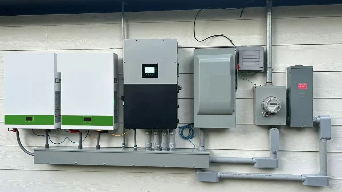 Outdoor residential LFP battery and inverter installation with electrical protection equipment