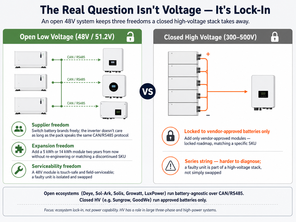 Open 48V low-voltage battery systems keep three freedoms that a closed high-voltage stack takes away: supplier freedom to switch battery brands over CAN/RS485, expansion freedom to add modules later, and serviceability freedom to swap a touch-safe module