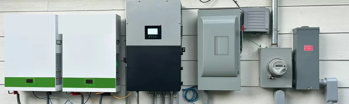 Complete off-grid system on an exterior wall: LiFePO4 battery cabinets, hybrid inverter, load center, and meter