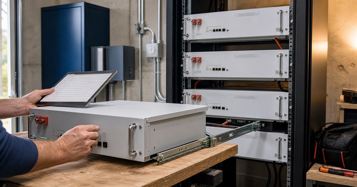 Installer comparing neutral 48V LiFePO4 server rack battery modules and communication ports
