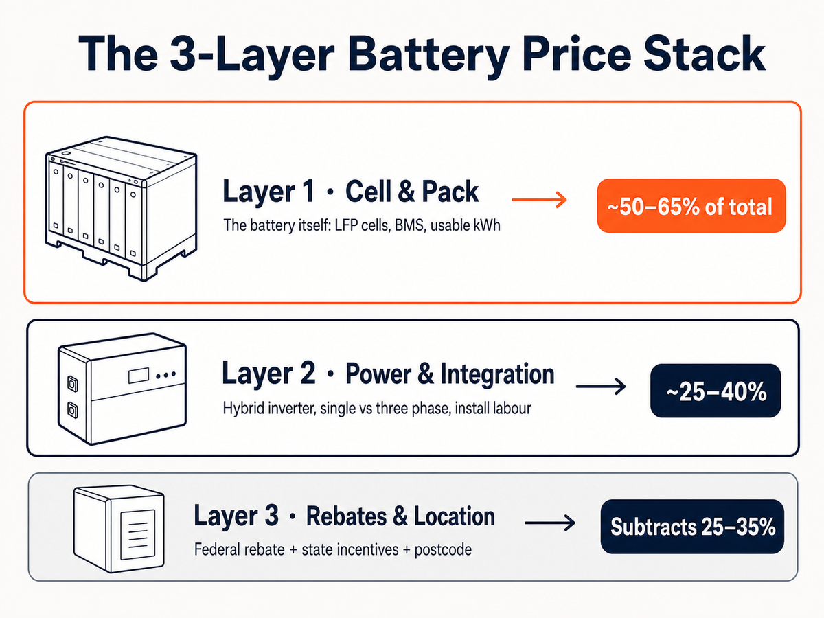 The 3-Layer Battery Price Stack: cell and pack, inverter, and rebates in an Australian home battery price