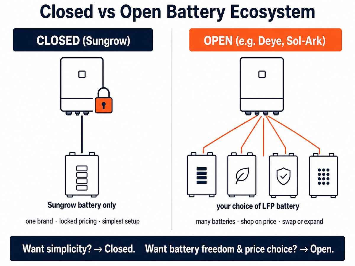 Diagram comparing closed Sungrow ecosystem locked to one battery versus open inverter ecosystem with a choice of LFP batteries