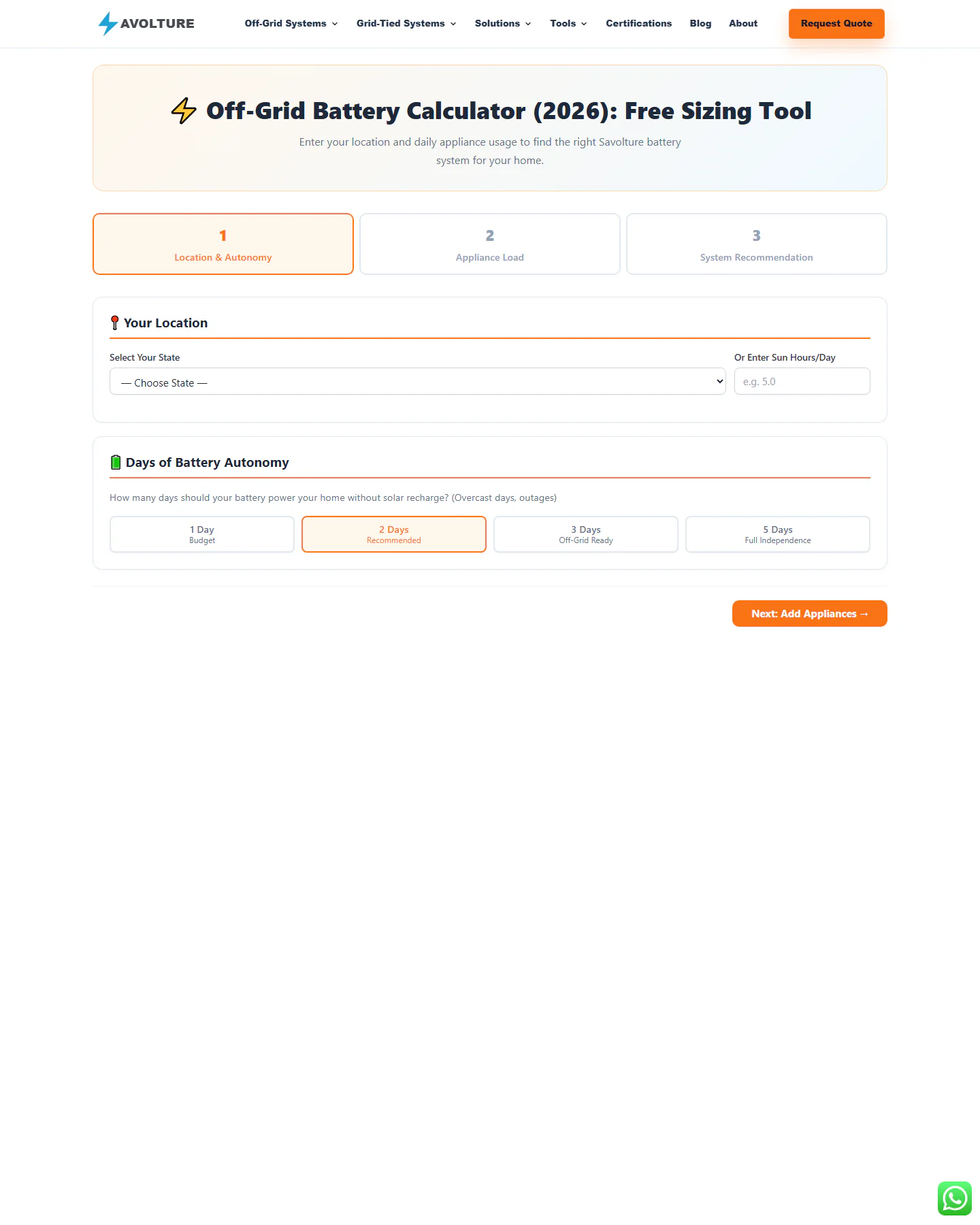 Savolture off-grid battery calculator interface