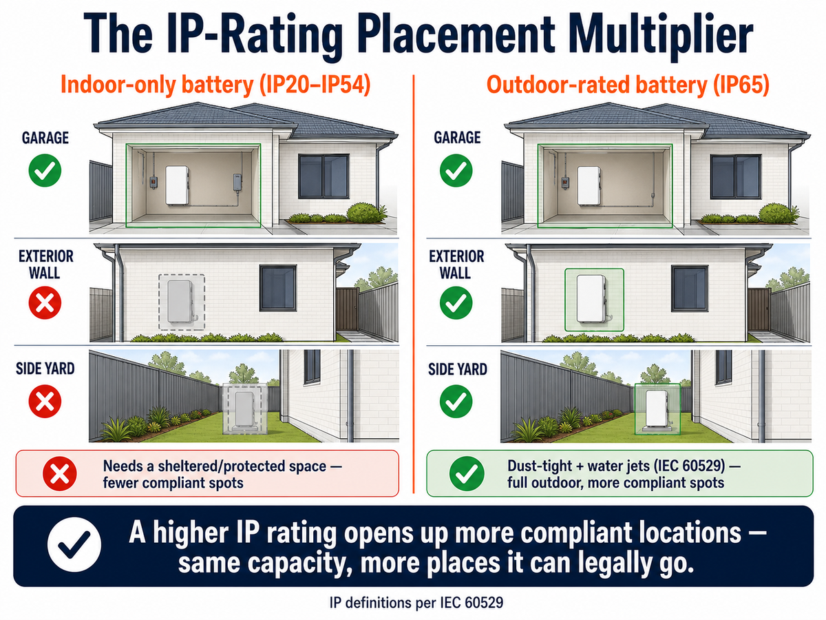 Diagram comparing indoor-only IP20-54 battery versus outdoor-rated IP65 battery placement options on an Australian home, showing IP65 unlocks more compliant installation locations