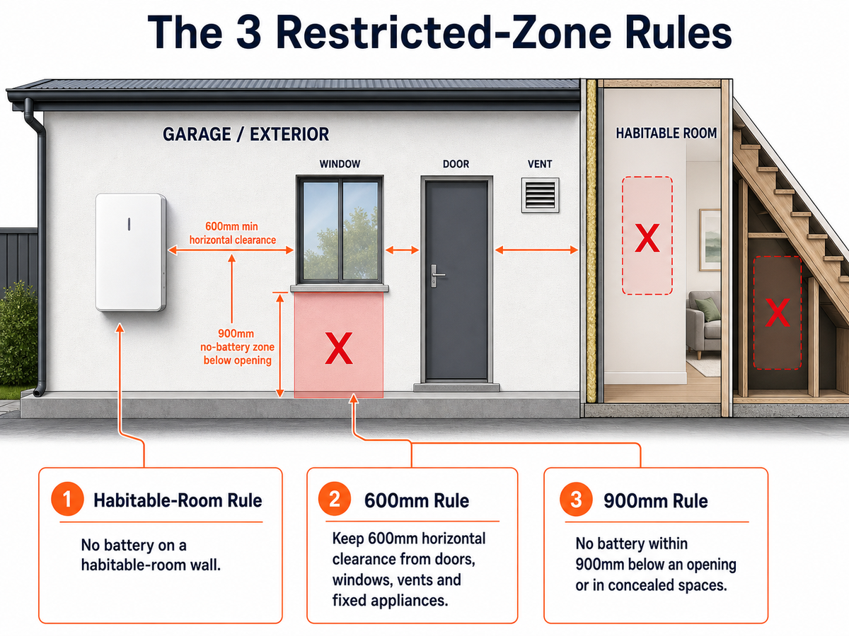 Diagram of the AS/NZS 5139 three restricted-zone rules for home battery installation: habitable-room rule, 600mm horizontal clearance, and 900mm below-opening clearance