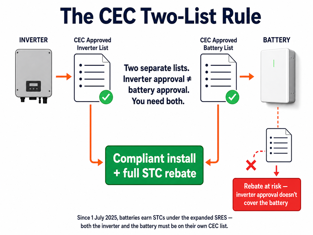 The CEC Two-List Rule: an inverter must be on the CEC approved inverter list and the battery separately on the CEC approved battery list, both required for a compliant install and full STC rebate under the expanded SRES