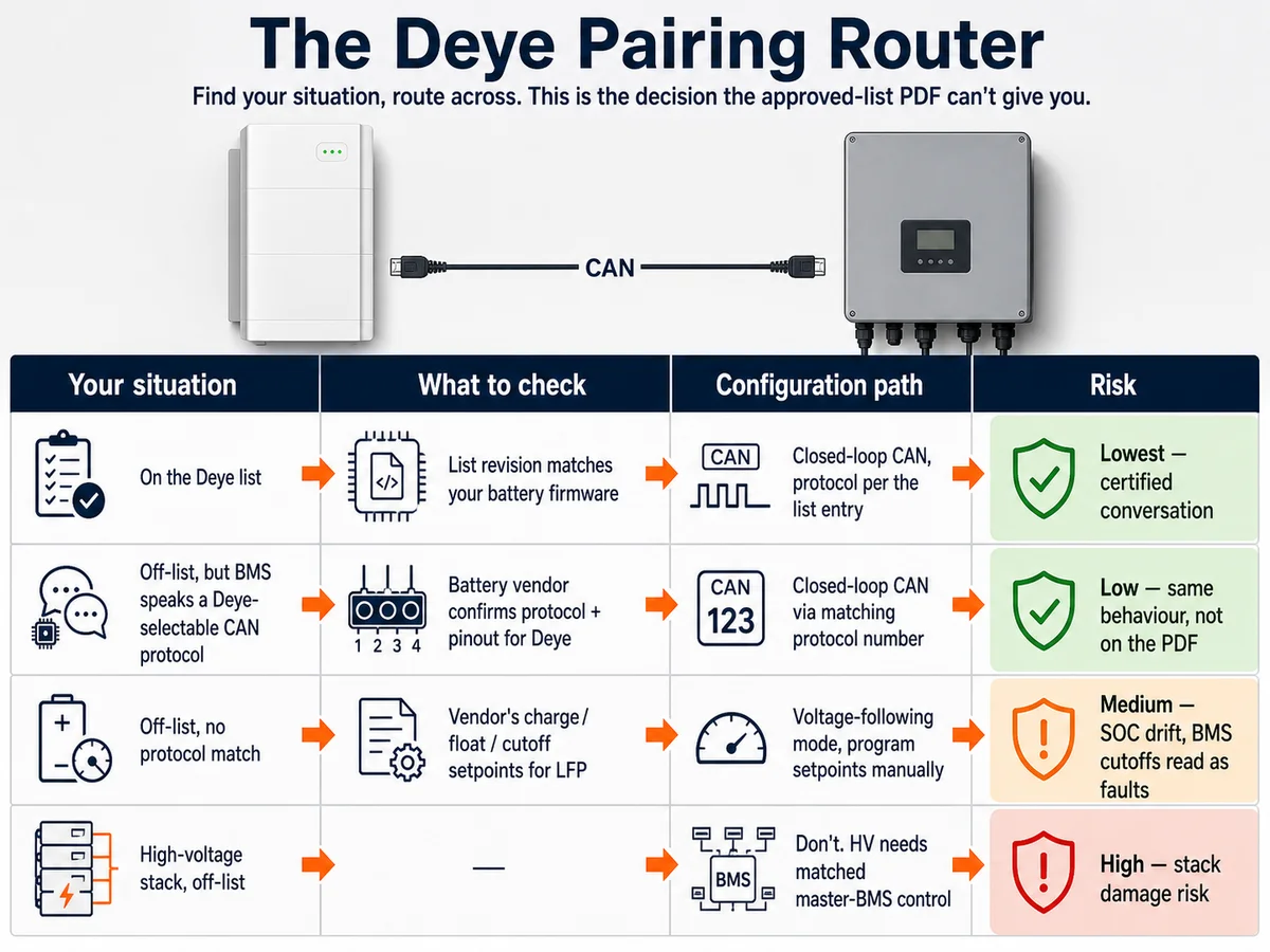 The Deye Pairing Router: a decision table routing a battery-buying situation to a configuration path and risk level - on-list is lowest risk closed-loop CAN, off-list with protocol match is low, off-list no match is voltage-following medium risk, and high-voltage off-list is high risk