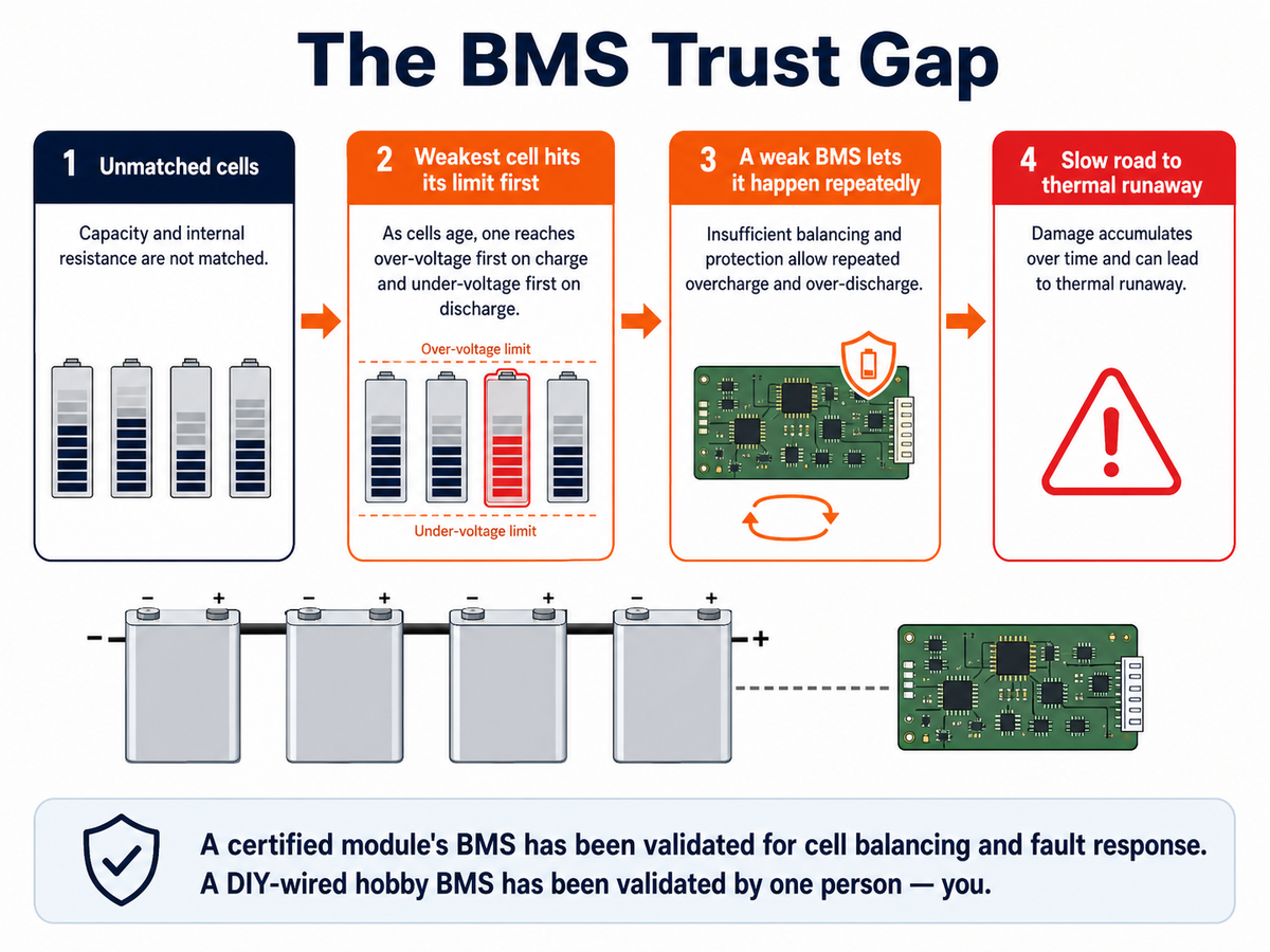 Four-step causal chain showing how unmatched LFP cells and a weak BMS lead toward thermal runaway: unmatched cells, weakest cell hits its limit first, a weak BMS allows repeated over-charge and over-discharge, slow road to thermal runaway