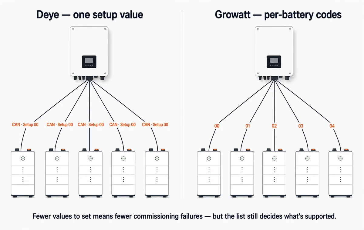 Comparison: Deye uses one setup value for all batteries, Growatt uses per-battery codes