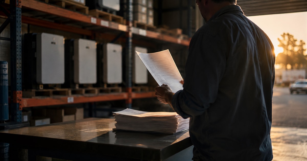 Supplier reviewing LiFePO4 battery specification documents in a warehouse with white battery enclosures