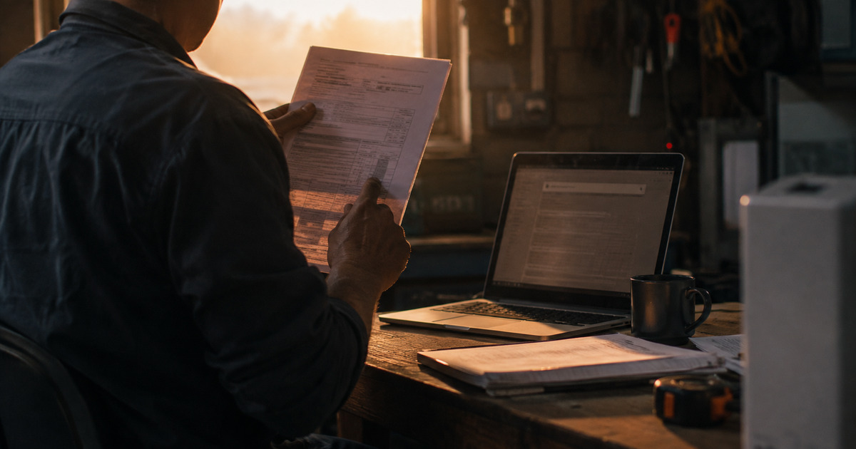 Installer reviewing battery certification documents at a desk beside a white battery enclosure