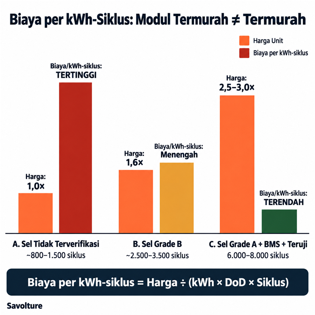 Diagram perbandingan biaya per kWh-siklus tiga skenario modul baterai LiFePO4 — modul termurah justru paling mahal per siklus