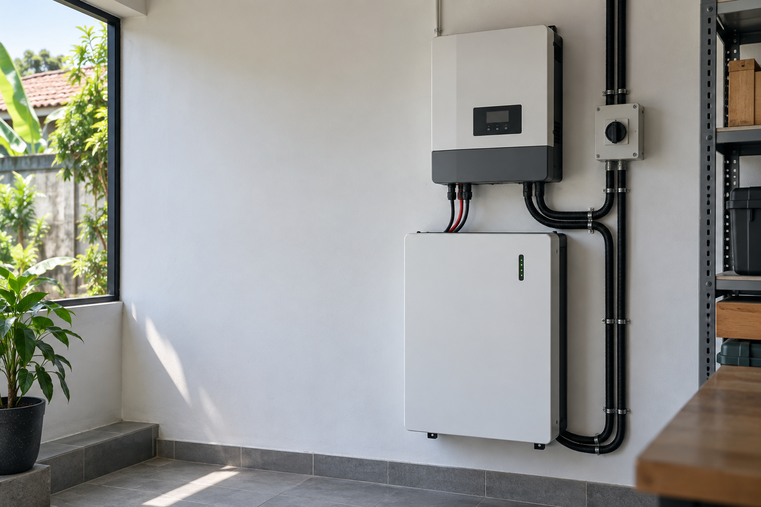 Referensi instalasi baterai LiFePO4 dan inverter hybrid di ruang utilitas