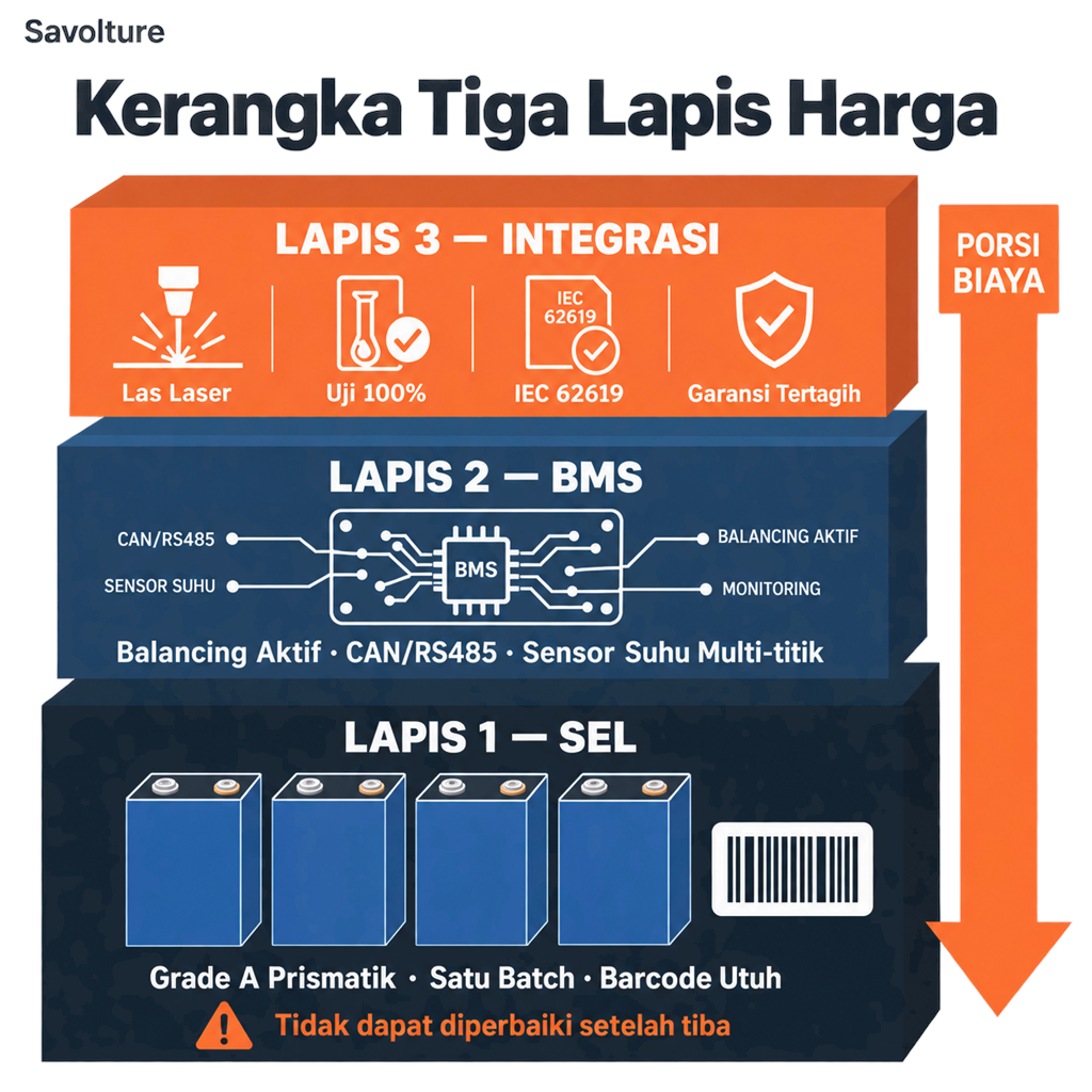 Kerangka Tiga Lapis Harga baterai LiFePO4 — diagram struktur biaya modul dari sel, BMS, hingga integrasi dan sertifikasi