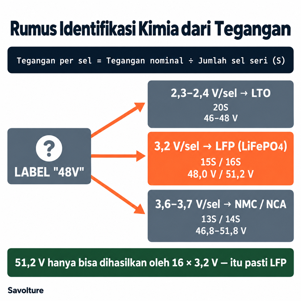 Cara mengidentifikasi kimia baterai dari tegangan per sel — label 48V dapat berarti LTO 20S, LFP 15S/16S, atau NMC 13S/14S