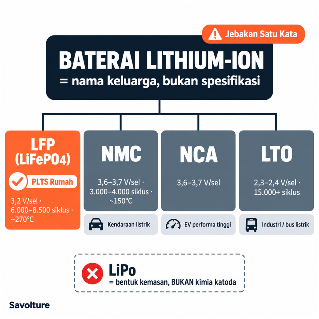 Pohon keluarga baterai lithium-ion — LFP, NMC, NCA, dan LTO sebagai anggota keluarga yang berbeda dengan tegangan per sel dan umur siklus masing-masing