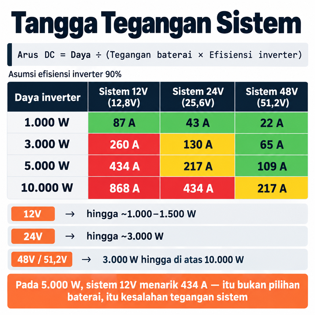 Tangga tegangan sistem PLTS — arus DC yang diperlukan pada daya 1.000 hingga 10.000 watt untuk sistem 12V, 24V, dan 48V