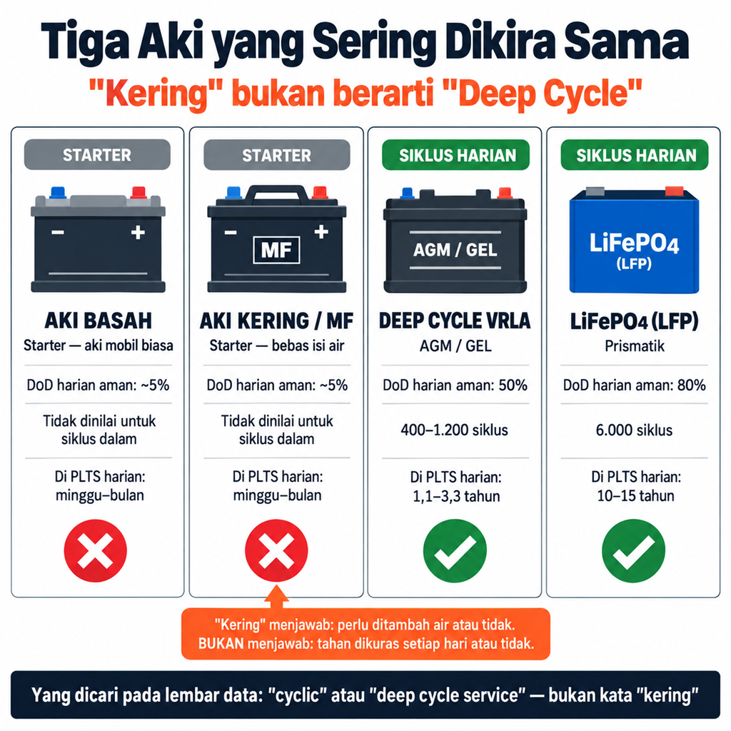 Tiga jenis aki yang sering dikira sama — aki basah starter, aki kering MF starter, dan aki deep cycle VRLA — dibandingkan dengan LiFePO4 berdasarkan DoD harian dan jumlah siklus