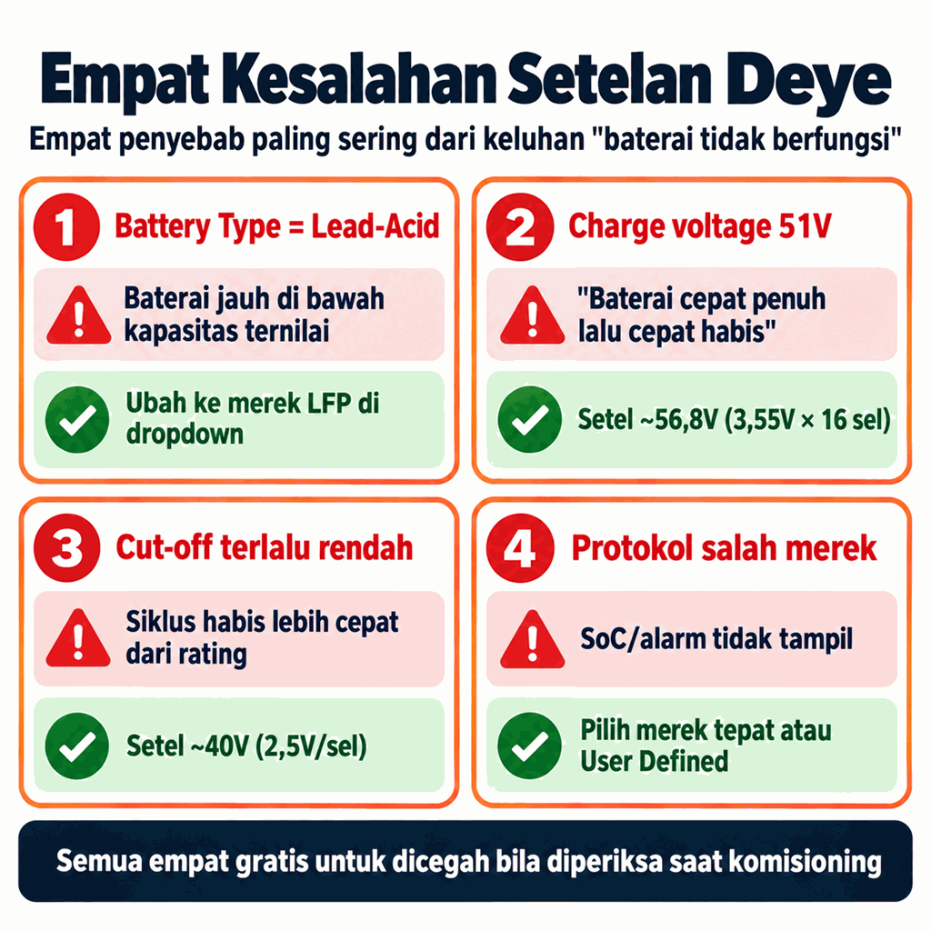 Empat kesalahan setelan Deye paling sering: Battery Type Lead-Acid, Charge voltage 51V, Cut-off terlalu rendah, Protokol salah merek — dengan perbaikan setiap kesalahan