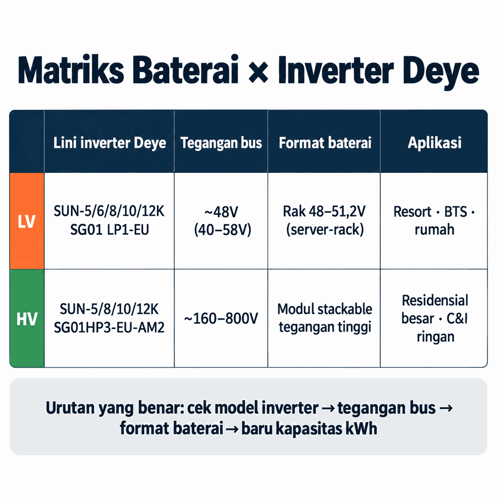 Matriks kompatibilitas baterai dan inverter Deye: lini LV (48V) untuk rak 48–51,2V, lini HV (160–800V) untuk modul stackable tegangan tinggi