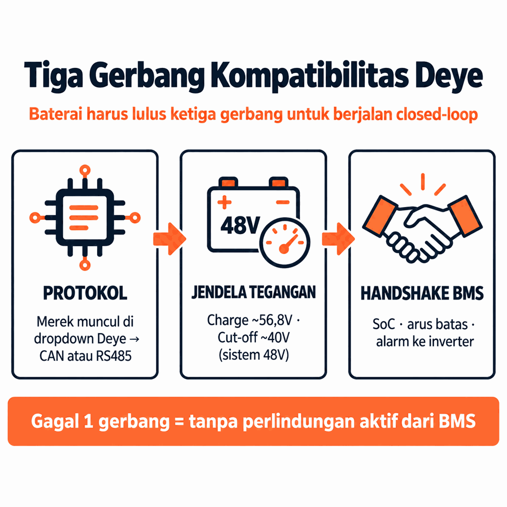 Tiga Gerbang Kompatibilitas Deye: protokol komunikasi, jendela tegangan, dan handshake BMS yang harus lulus untuk closed-loop