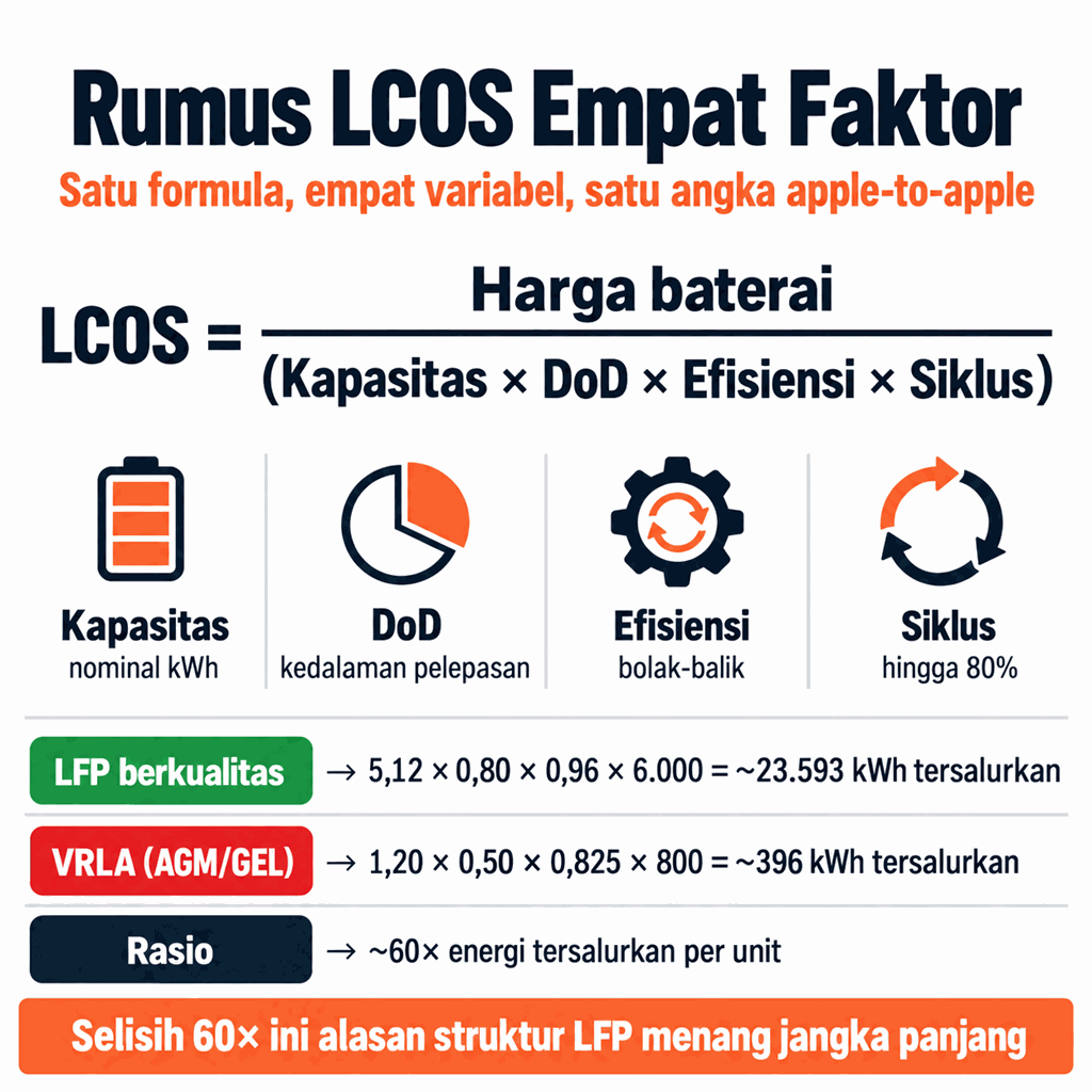 Rumus LCOS Empat Faktor: harga baterai dibagi kapasitas kali DoD kali efisiensi kali siklus; perbandingan LFP 23.593 kWh vs VRLA 396 kWh tersalurkan (rasio 60x)