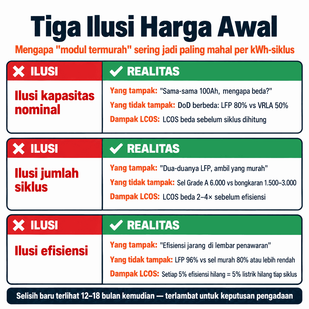 Tiga Ilusi Harga Awal: kapasitas nominal, jumlah siklus, dan efisiensi — mengapa modul termurah sering jadi paling mahal per kWh-siklus