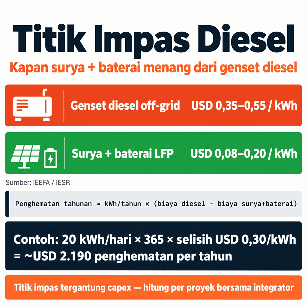 Titik Impas Diesel: biaya genset diesel USD 0,35–0,55/kWh vs surya+baterai USD 0,08–0,20/kWh; contoh penghematan ~USD 2.190/tahun untuk 20 kWh/hari