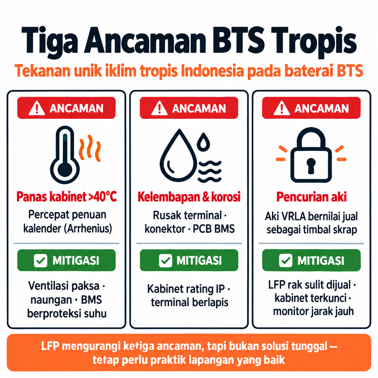 Tiga ancaman iklim tropis terhadap baterai BTS dan mitigasinya