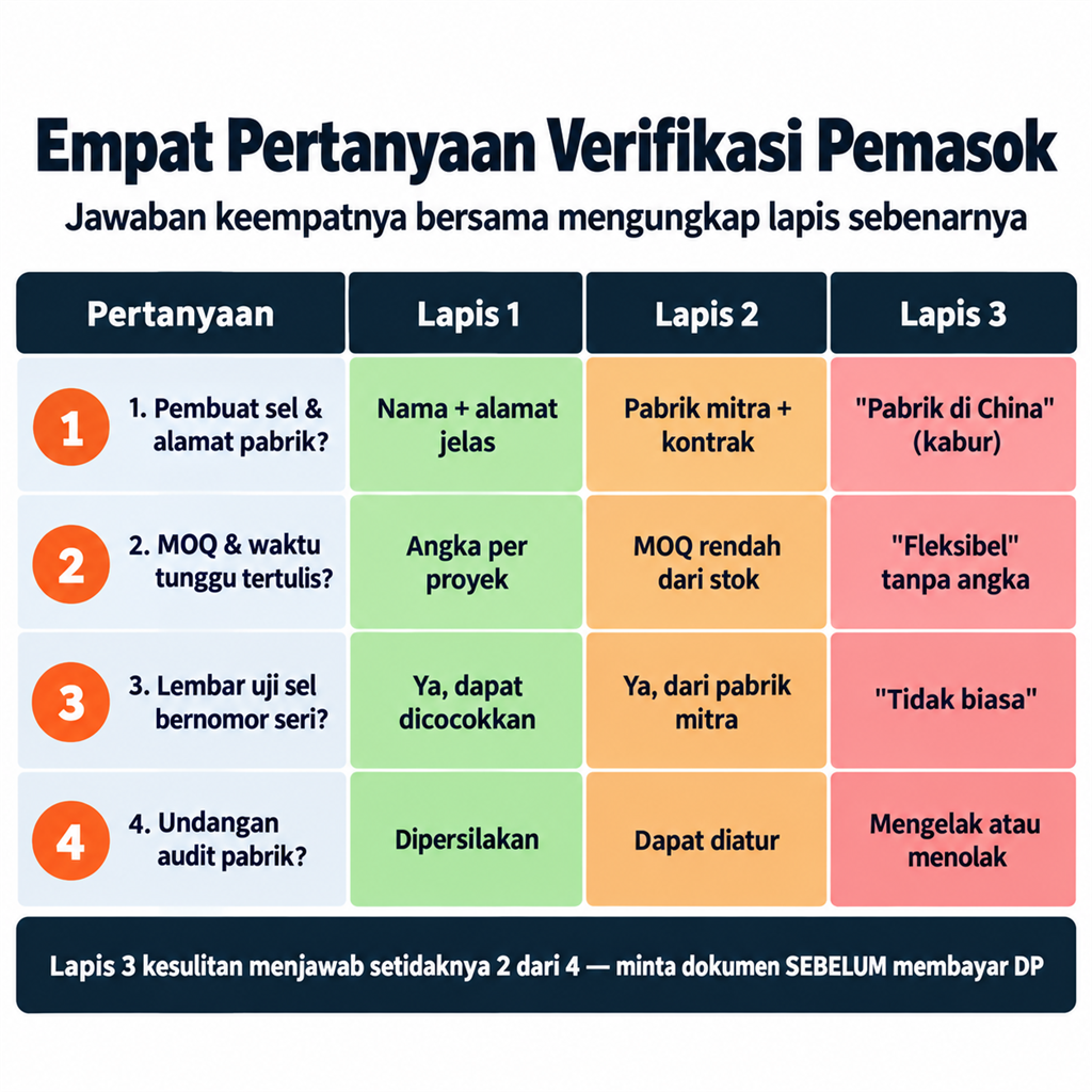 Empat Pertanyaan Verifikasi Pemasok: asal sel & alamat pabrik, MOQ & waktu tunggu tertulis, lembar uji bernomor seri, dan undangan audit pabrik — matriks jawaban Lapis 1/2/3