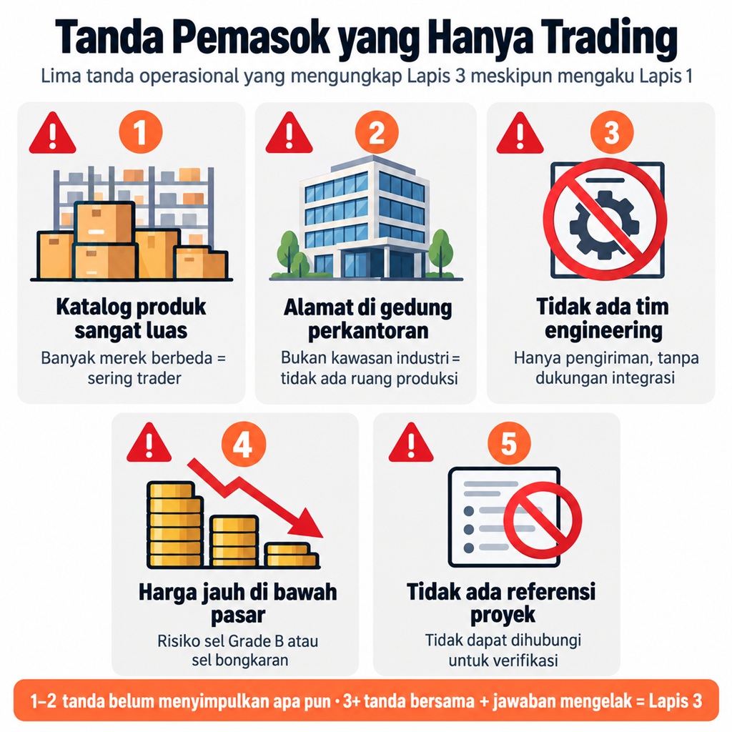 Lima tanda operasional pemasok yang hanya trading: katalog luas, alamat kantor, tanpa engineering, harga anomali, dan tanpa referensi proyek