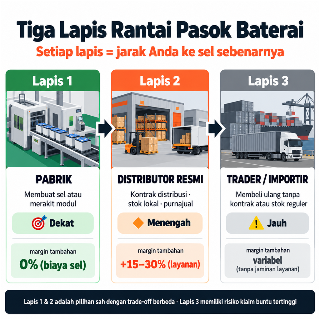 Tiga Lapis Rantai Pasok Baterai: pabrik Lapis 1, distributor resmi Lapis 2, dan trader Lapis 3 — setiap lapis adalah jarak ke sel sebenarnya