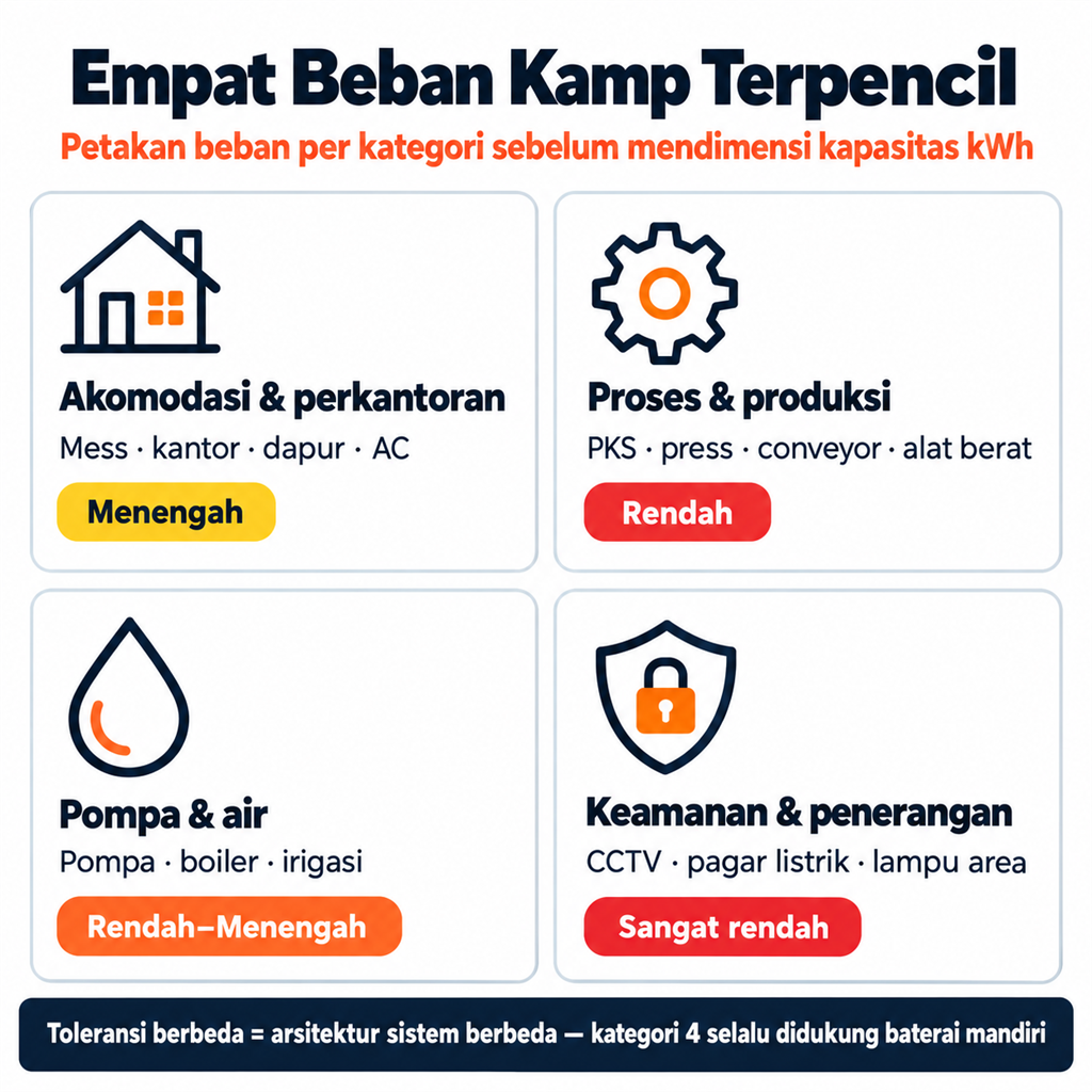 Empat Beban Kamp Terpencil: akomodasi & perkantoran, proses & produksi, pompa & air, keamanan & penerangan — dengan toleransi gangguan berbeda per kategori