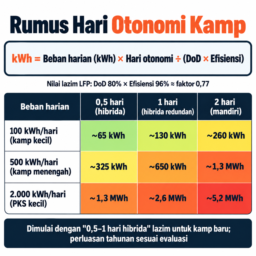 Rumus Hari Otonomi Kamp: kWh = beban harian × hari otonomi dibagi (DoD × efisiensi); matriks kapasitas untuk kamp 100–2.000 kWh/hari pada otonomi 0,5–2 hari