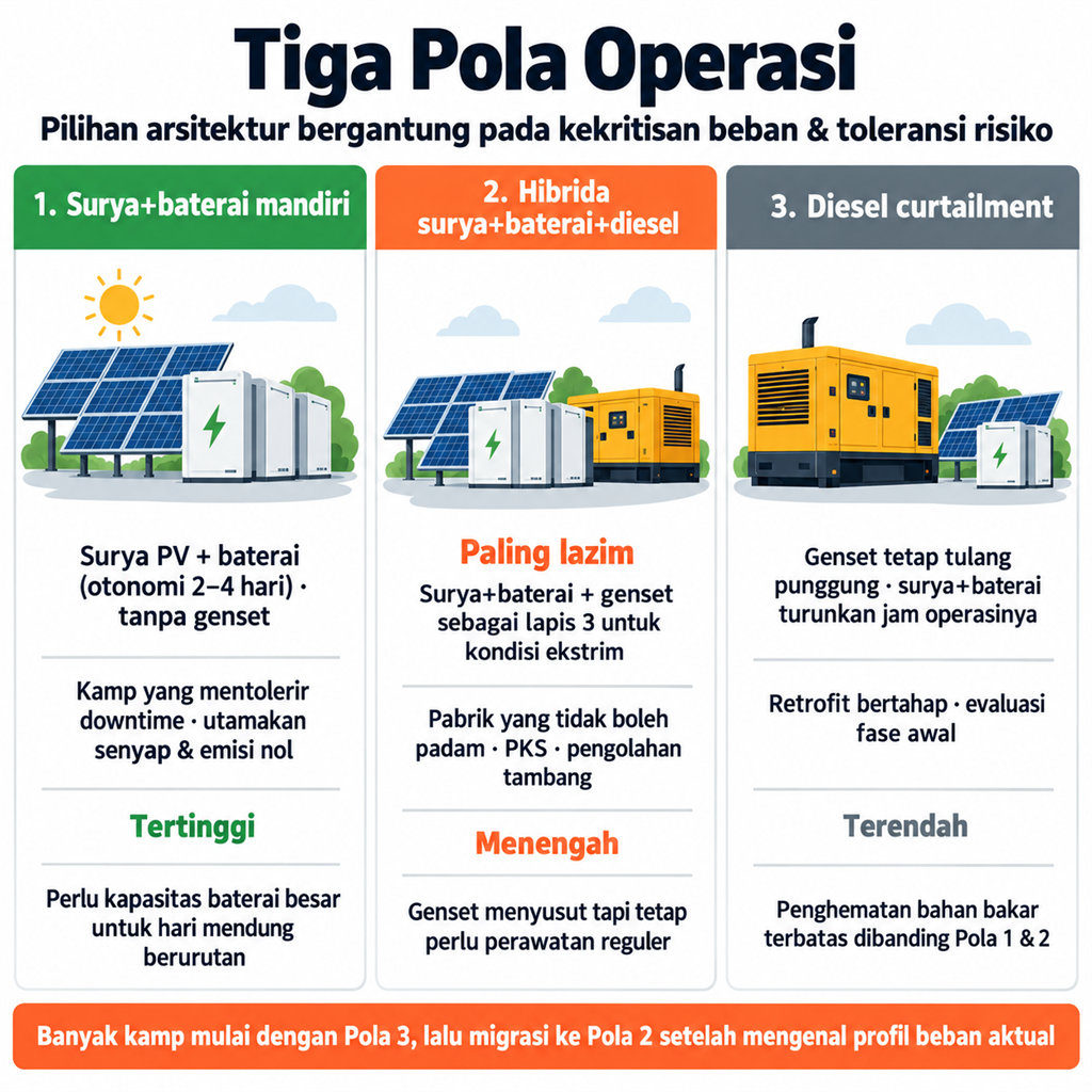 Tiga Pola Operasi: surya+baterai mandiri, hibrida surya+baterai+diesel, dan diesel curtailment — dengan trade-off capex dan rekomendasi aplikasi berbeda