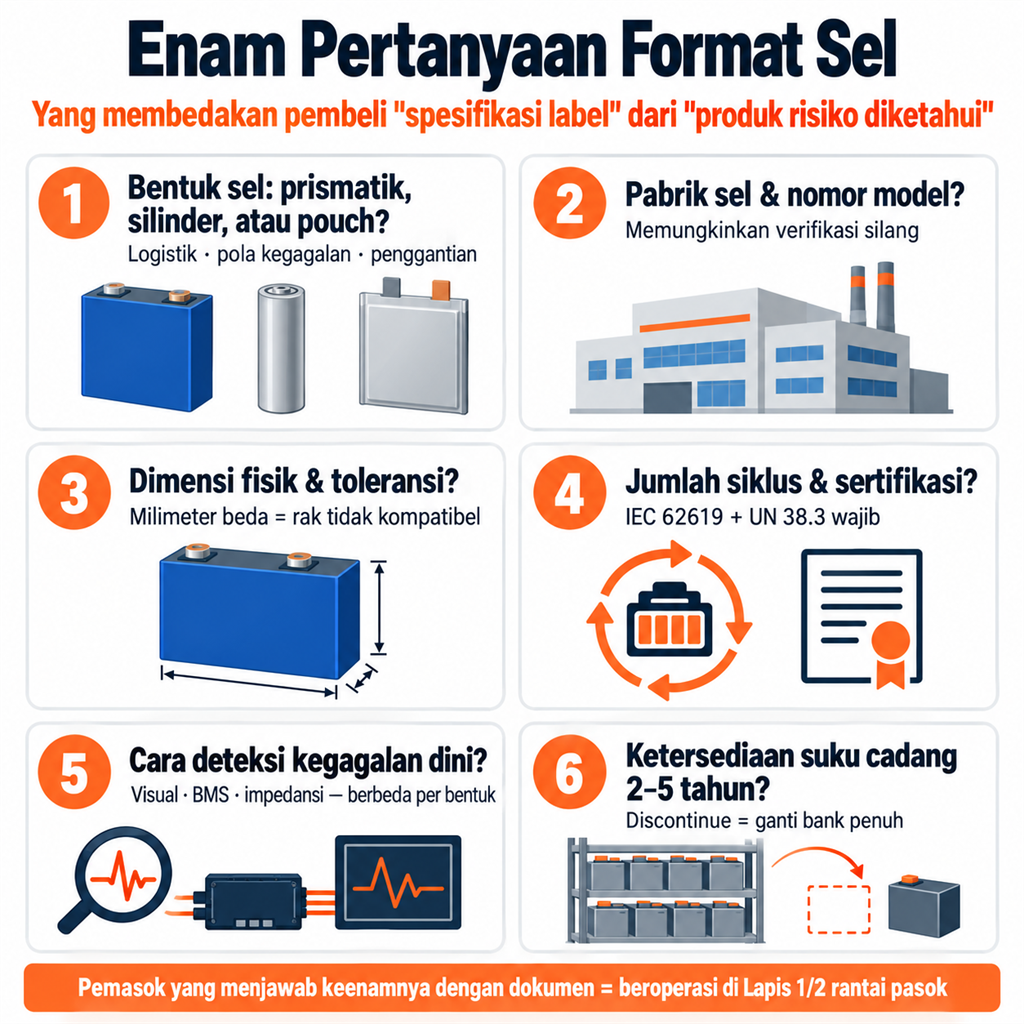 Enam Pertanyaan Format Sel: bentuk sel, pabrik & model, dimensi, siklus & sertifikasi, deteksi kegagalan, ketersediaan suku cadang — untuk membedakan Lapis 1 dari trader