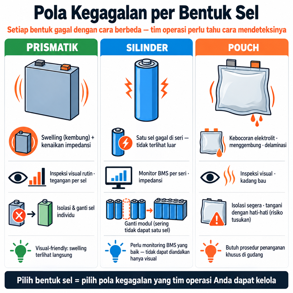 Pola Kegagalan per Bentuk Sel: swelling prismatik, kegagalan tersembunyi silinder, delaminasi pouch — dengan deteksi dini dan mitigasi berbeda per bentuk